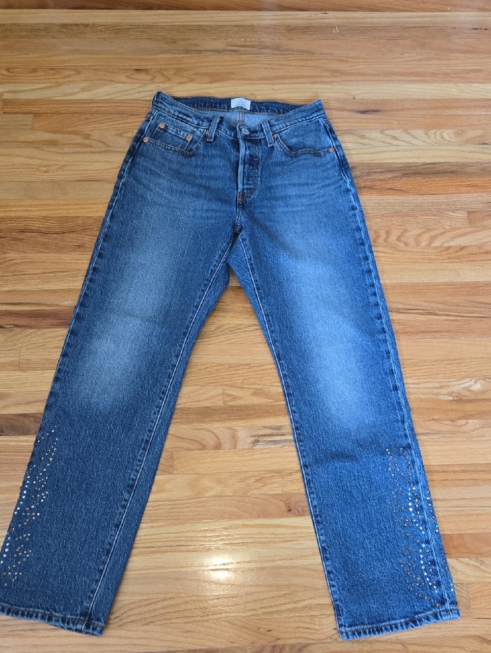 501 Curve Style Jeans in Washed Blue with Embellished Hem